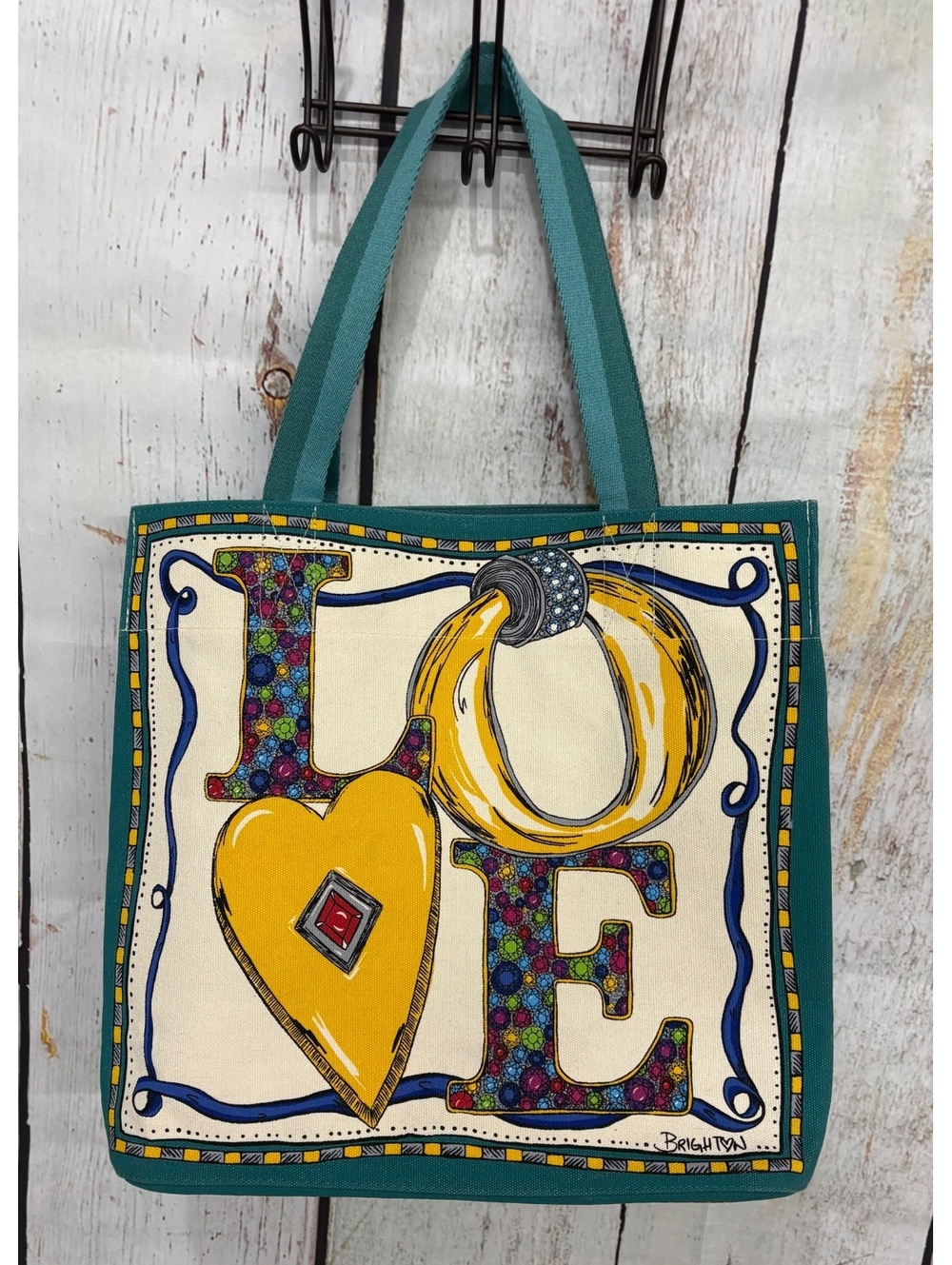 Brighton Charmed LOVE Canvas Tote Bag with Colorful Heart and Jewel Print EUC
